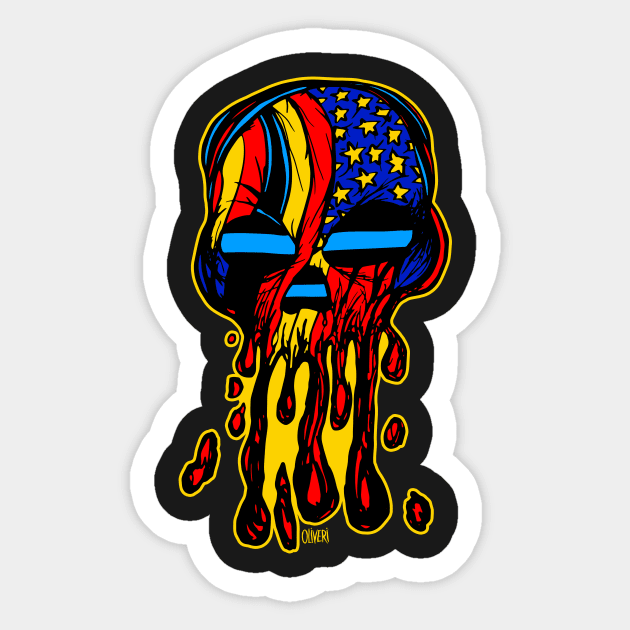 Patriotic Blue Line USA Flag Skull Sticker by peteoliveriart